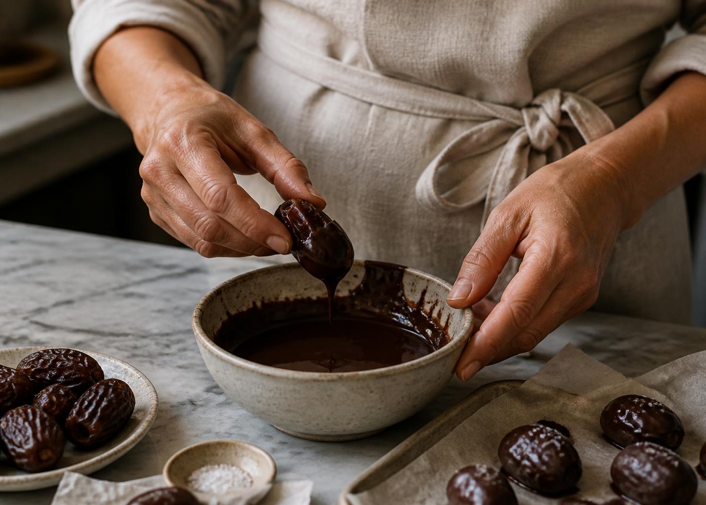 Hands dipping a medjool date into dark chocolate