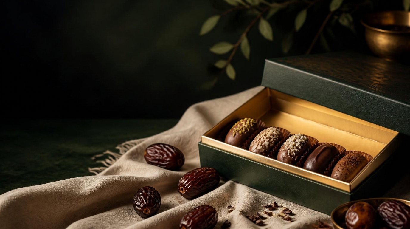 An open box of alara cacao chocolate-coated dates on cream linen