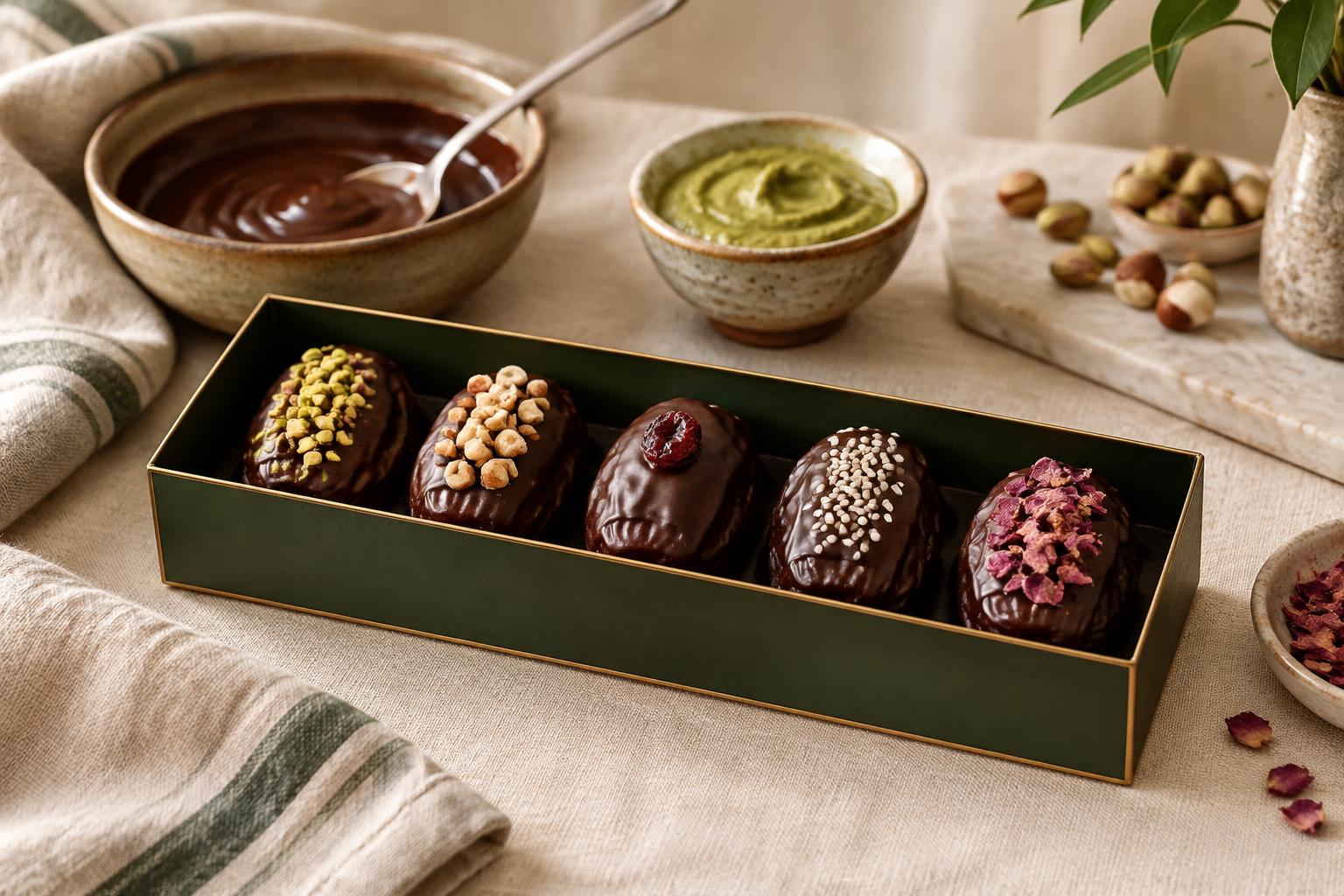 Five chocolate-coated dates with pistachio, hazelnut, berry, sesame and rose toppings in a rectangular green and gold box beside bowls of chocolate and nut butter